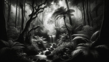 Monochrome jungle waterfall wallpaper design file showing intricate tropical pattern and waterfall details