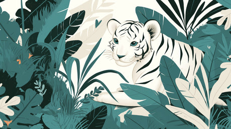 White Tiger Jungle Wallpaper creating a stunning focal point in a modern living room with emerald green accents