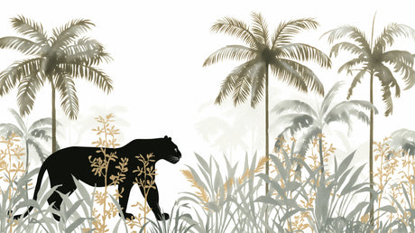 Black Panther wallpaper mural styled in modern living room, showing gold palm trees against white background