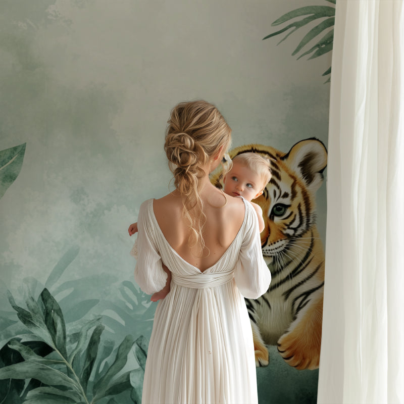 Tiger cub wallpaper creating a cozy atmosphere in a modern nursery with natural wood furniture