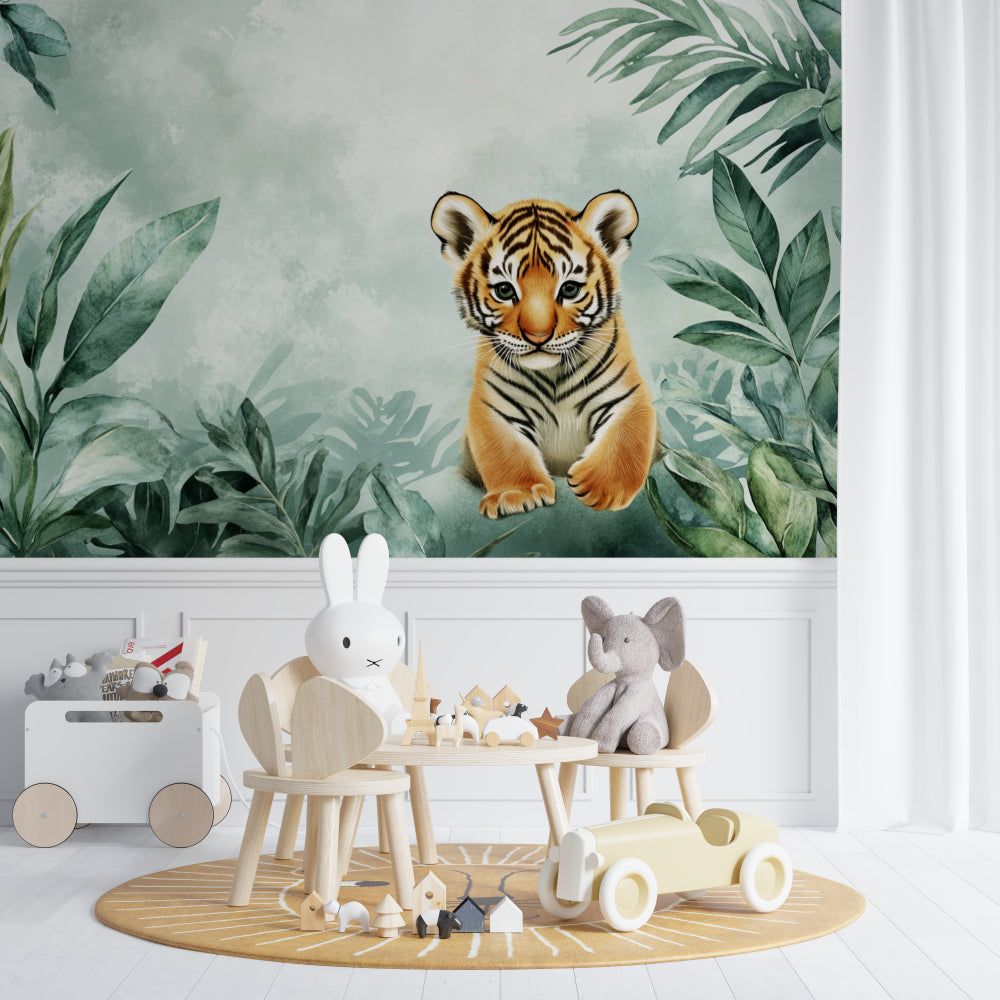 Baby tiger mural wallpaper in a playroom setting with soft lighting and reading nook