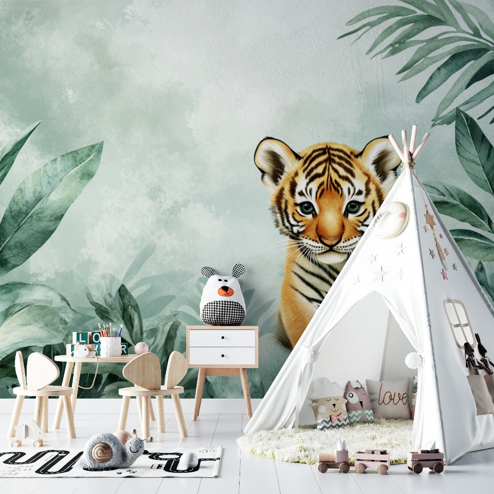 Tropical tiger wallpaper featured in a gender-neutral nursery with white furniture