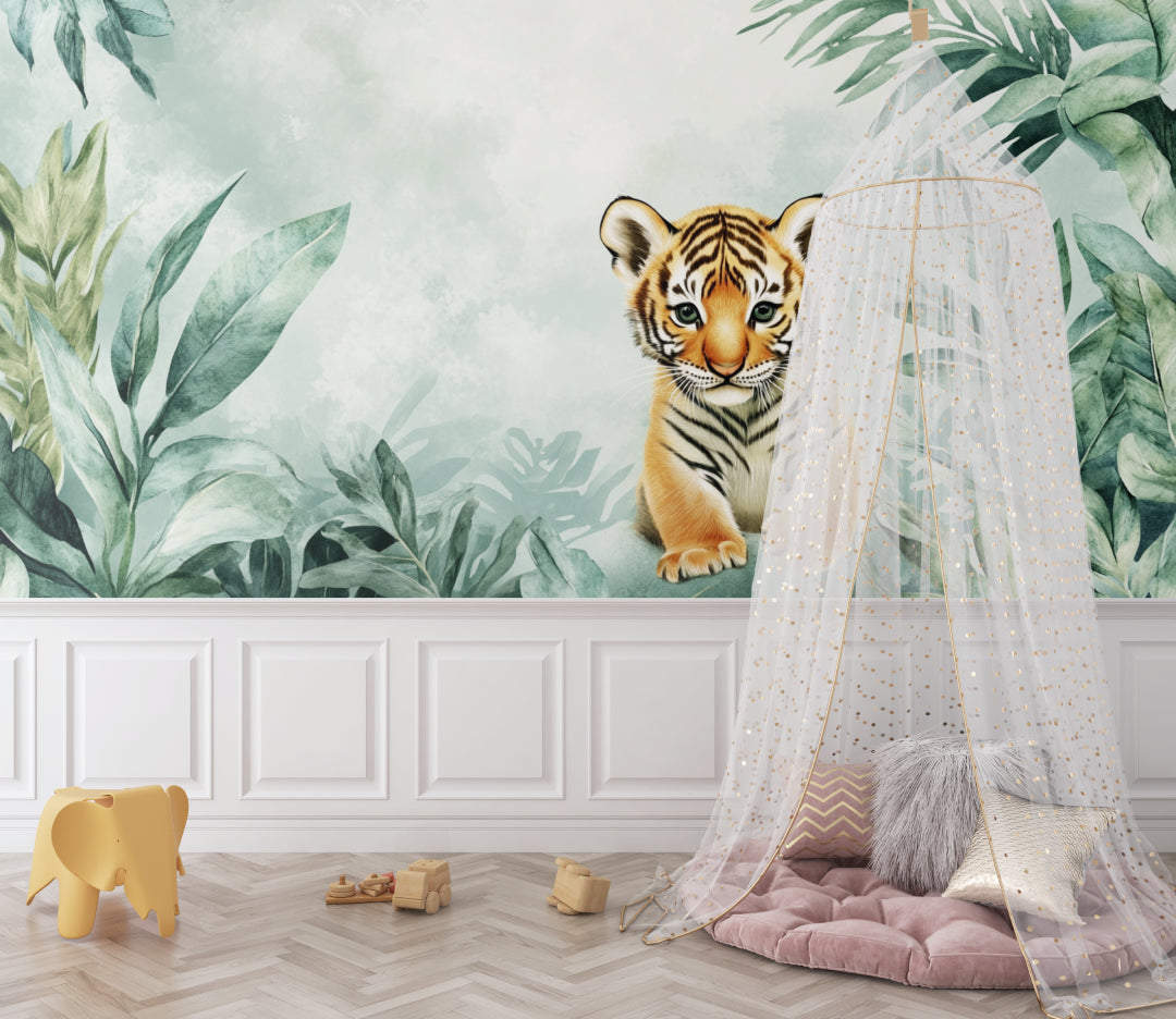 Jungle tiger mural transforming a child's bedroom with sage green accents