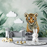 Baby tiger wallpaper showcased in a minimal Scandinavian nursery design