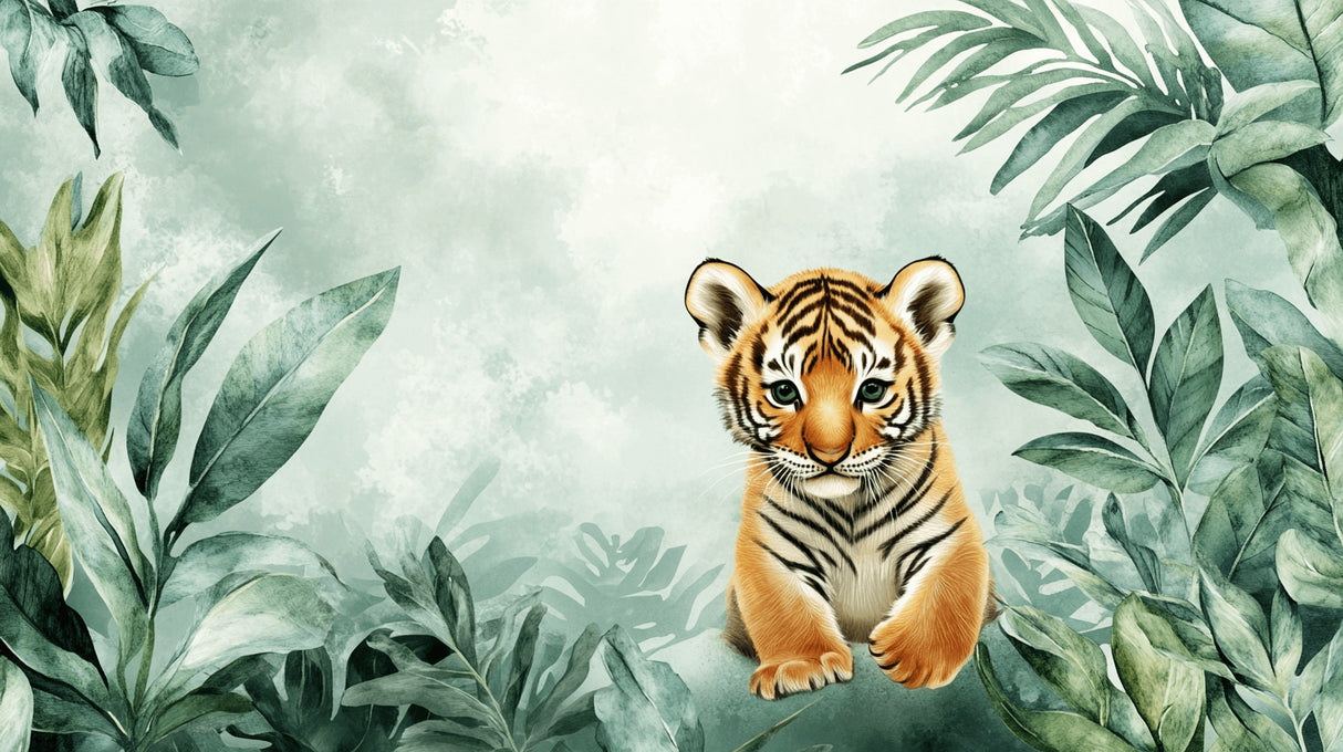 Baby tiger and tropical leaves design file showing intricate watercolor details and pattern layout