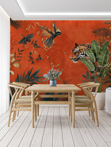 Exotic tiger wallpaper design showcased in a stylish home office space