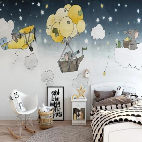 Flying elephants adventure wallpaper in a cozy nursery with a reading nook and soft lighting