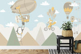 Kids Adventure Wallpaper with flying animals in a bright nursery, creating a playful atmosphere with hot air balloons