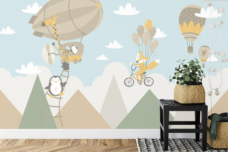 Kids Adventure Wallpaper with flying animals in a bright nursery, creating a playful atmosphere with hot air balloons