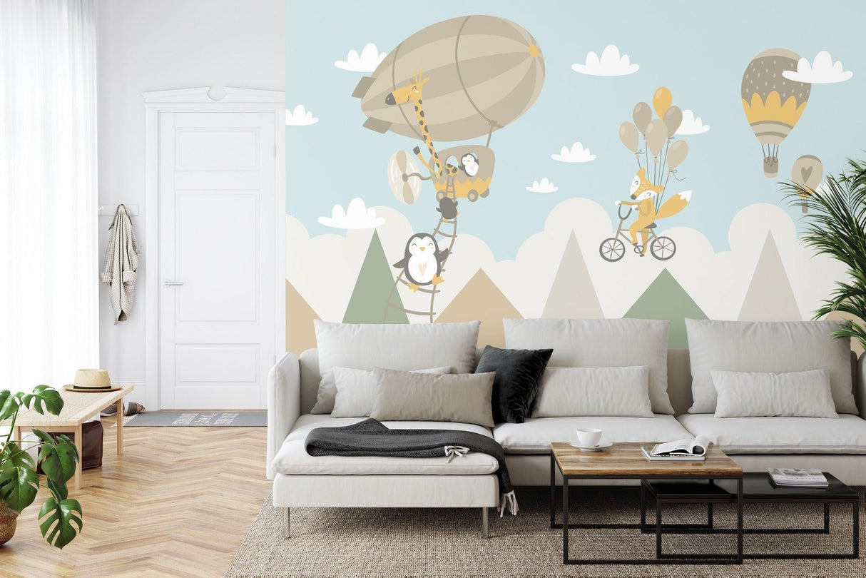 Hot air balloon animal wallpaper bringing joy to a child's bedroom with soft colors and friendly characters