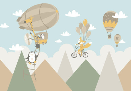 Design file showing detailed pattern of animals in hot air balloons against a dreamy sky background