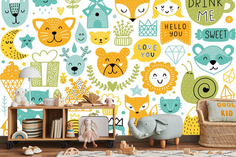 Forest animals wallpaper creating a cozy atmosphere in a modern nursery with white furniture