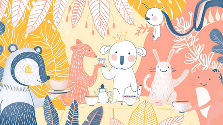 Design file showing detailed koala tea party pattern with botanical elements and friendly animals