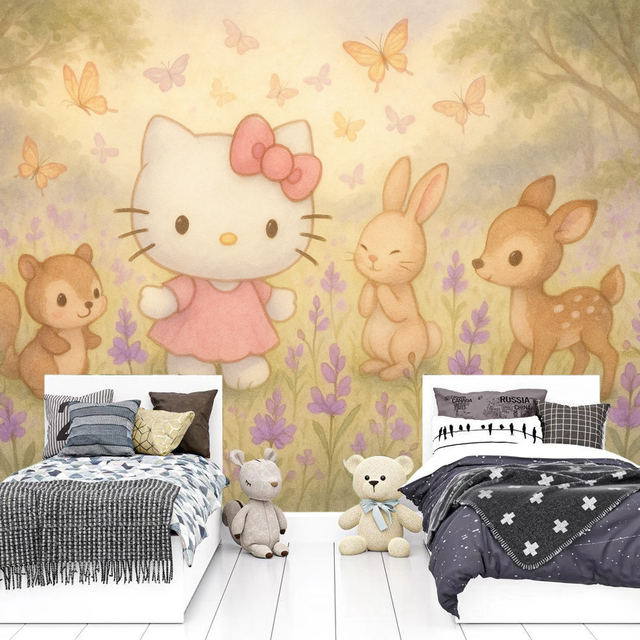 Hello Kitty Mural Wallpaper  Enchanted Butterfly Garden Kitty - Premium wallpaper design showcase