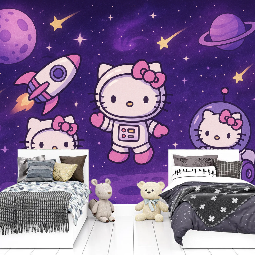 Hello Kitty Purple Mural Wallpaper  Cosmic Adventure - Detailed wallpaper pattern view
