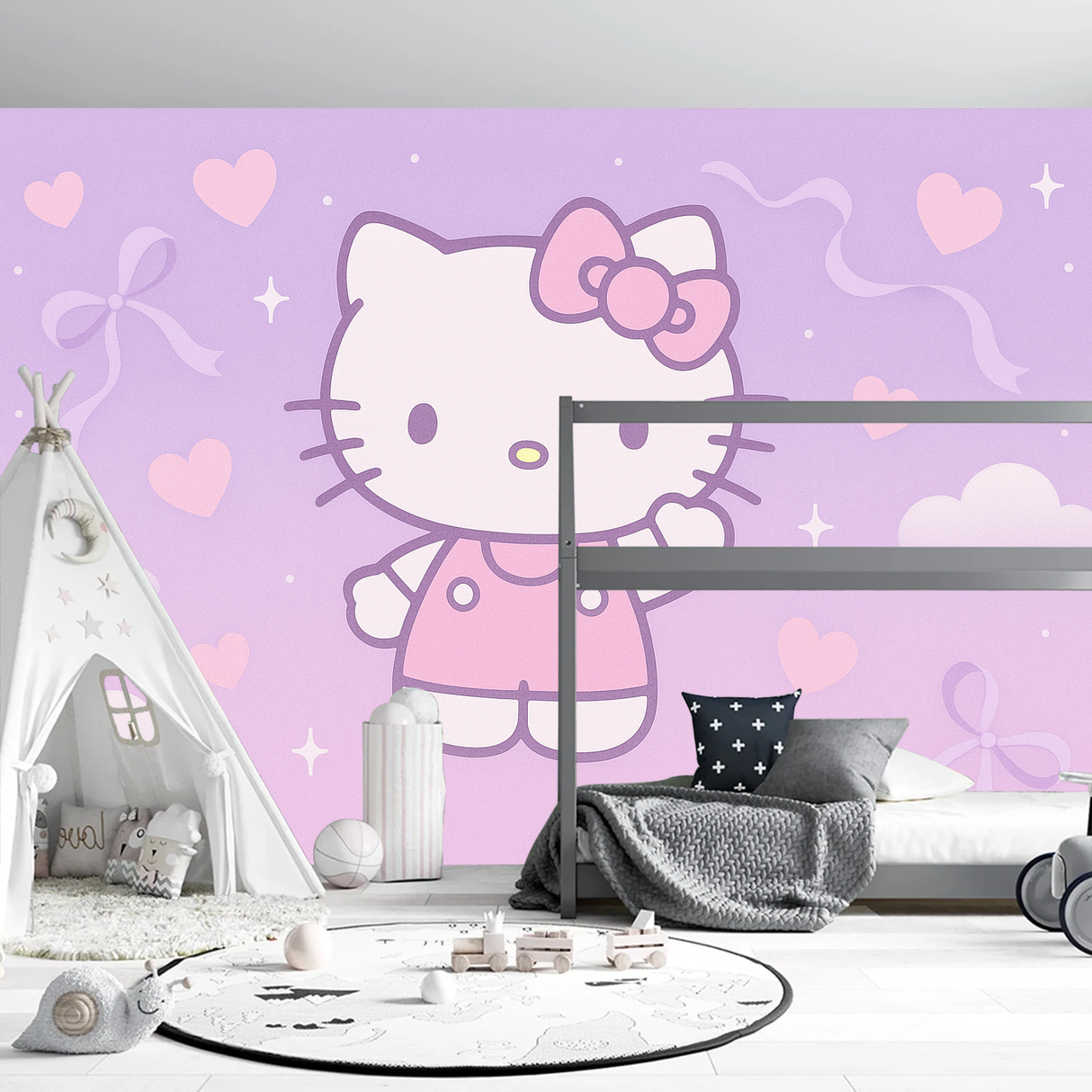 Hello Kitty Mural Wallpaper  Purple Dreams - Detailed wallpaper pattern view