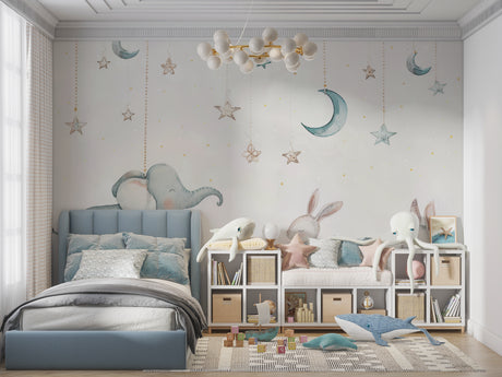 Kids fantasy wallpaper in a cozy nursery with rocking chair and soft lighting