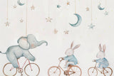 Design file of elephant and bunnies under starlit sky pattern with soft pastel colors