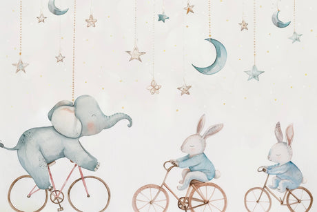 Design file of elephant and bunnies under starlit sky pattern with soft pastel colors