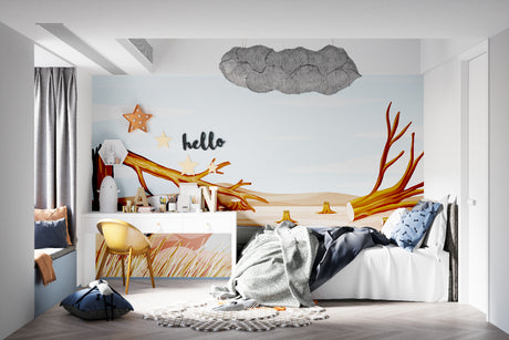Forest wallpaper creating a cozy reading nook in a modern kids bedroom with natural light and wooden furniture
