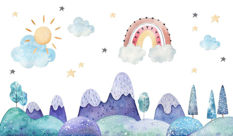 Mountain and rainbow watercolor wallpaper design file showing full pattern with soft pastels and clouds