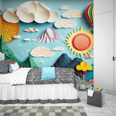 3D Mountain Adventure wallpaper in a bright kids bedroom, showing paper-cut layers creating depth against a white wall