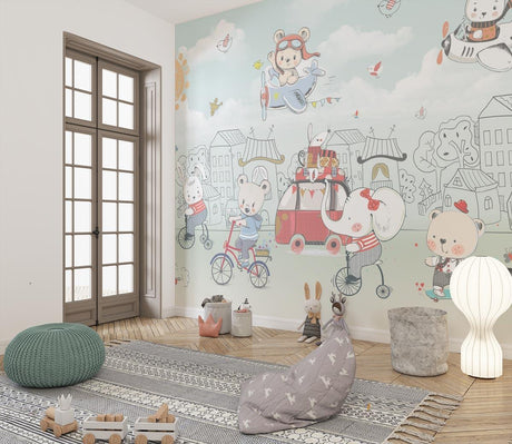 Adventure Animals Town Wallpaper creating a cozy reading corner in a modern kids bedroom with soft natural light