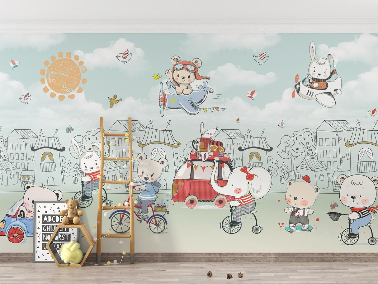 Kids Adventure Wallpaper bringing life to a playroom with fun animal characters and mint green sky