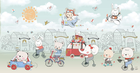 Animal Town Wallpaper design file showing full pattern with sweet characters and vintage vehicles