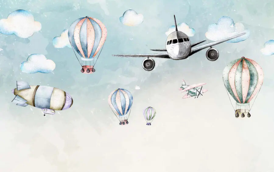 Aviation wallpaper design file showing detailed hot air balloons and airplanes in soft watercolor style