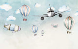 Aviation wallpaper design file showing detailed hot air balloons and airplanes in soft watercolor style