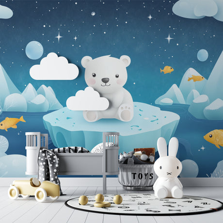 Polar bear wallpaper creating a cozy atmosphere in a modern nursery with soft lighting
