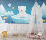 Arctic nursery wallpaper transforming a child's bedroom with magical starry sky effect