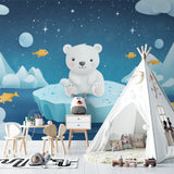 Arctic bear wallpaper creating depth in a small nursery space