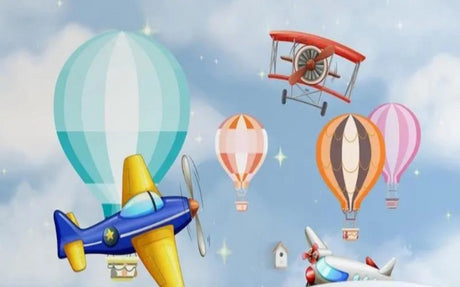 Aviation and hot air balloons wallpaper design file showing full pattern with dreamy sky background