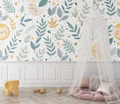 Botanical Moon and Stars Wallpaper in a cozy nursery with soft lighting and natural wood furniture
