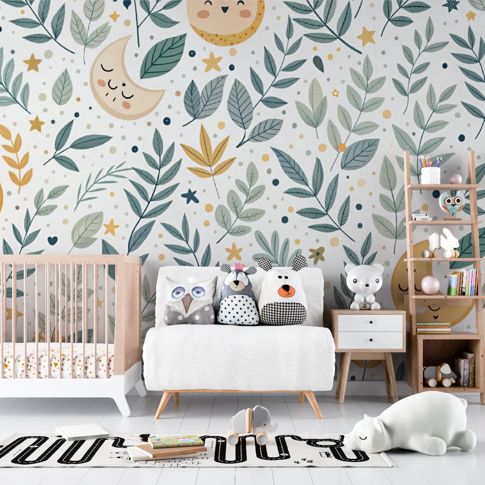 Nursery wallpaper with botanical elements and stars in a minimal white bedroom