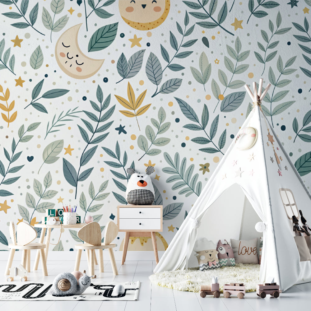 Moon and stars wallpaper showcased in a Scandinavian-style children's room