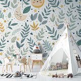 Moon and stars wallpaper showcased in a Scandinavian-style children's room
