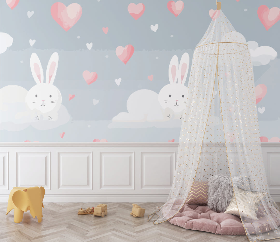 Baby room with bunny heart wallpaper featuring white crib and floating shelves