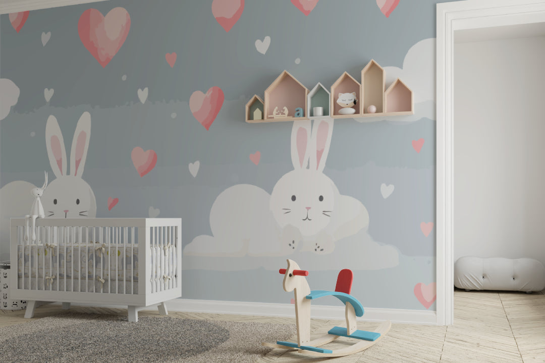 Toddler bedroom with bunny wallpaper showing playful reading nook and toy storage