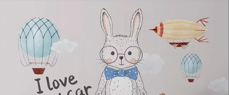 Bunny and hot air balloon wallpaper design file showing full pattern detail and soft color palette