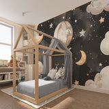 Nursery wall mural with bunny and moon design shown in natural daylight
