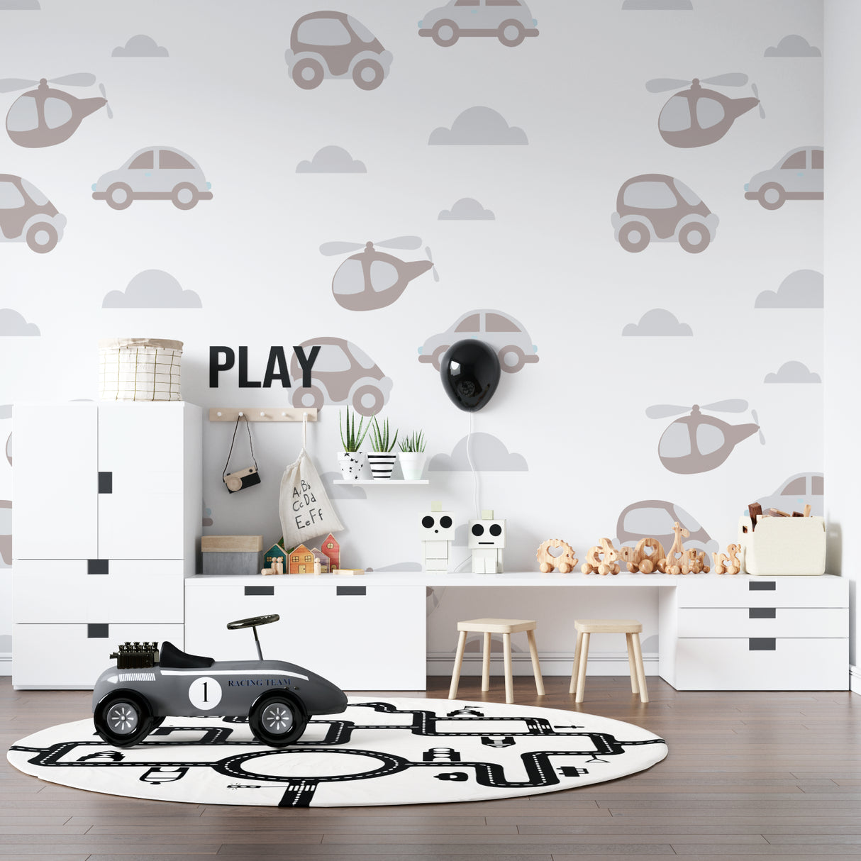 Vehicle wallpaper brightening toddler's bedroom with wooden furniture and toys