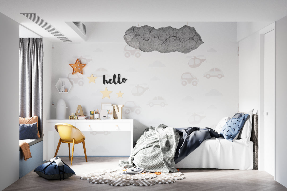 Cars and helicopters wallpaper in playroom setting with reading nook and storage