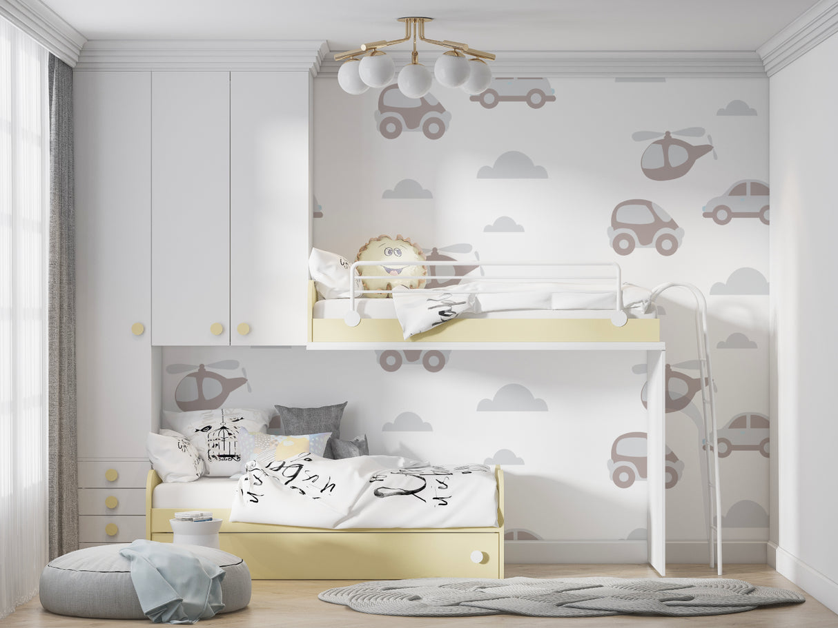 Transport themed wallpaper creating focal point in modern kids bedroom with minimal decor