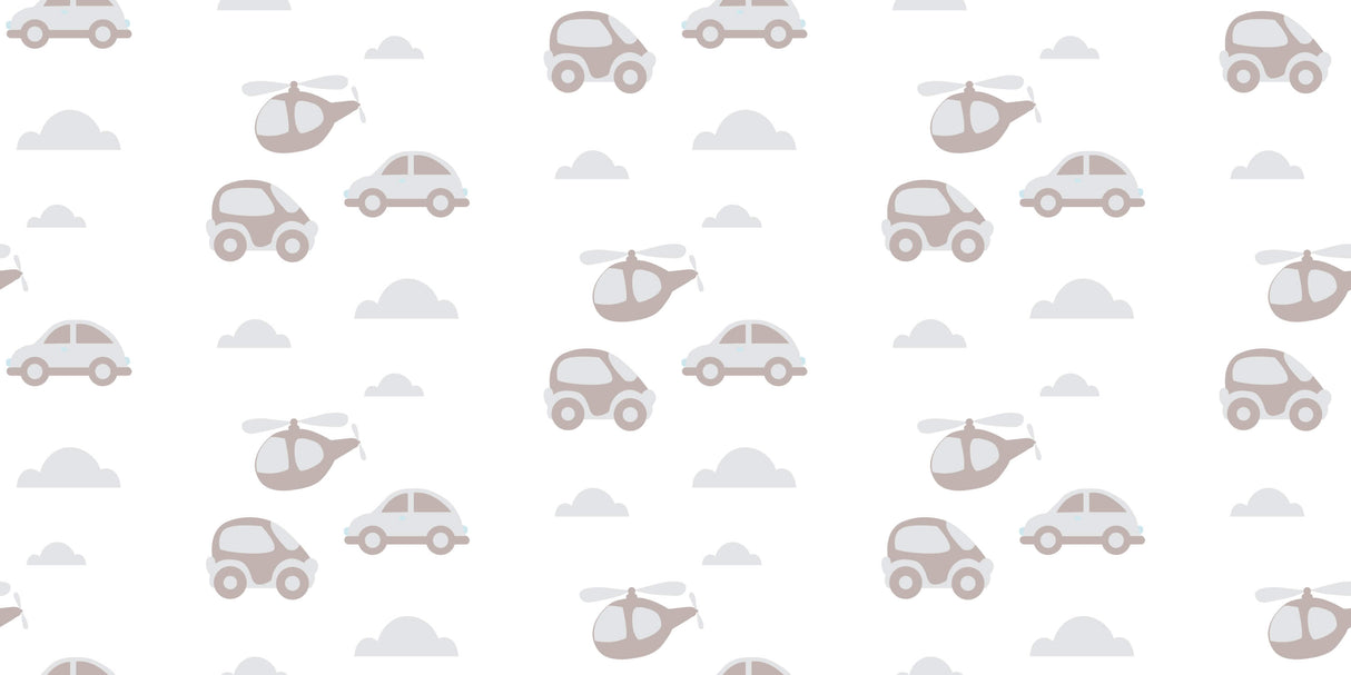 Design file showing beige cars and helicopters pattern with cloud motifs on light background