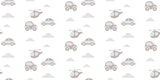 Design file showing beige cars and helicopters pattern with cloud motifs on light background