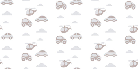Design file showing beige cars and helicopters pattern with cloud motifs on light background