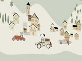 Design file showing full pattern of cartoon cars and village scene wallpaper
